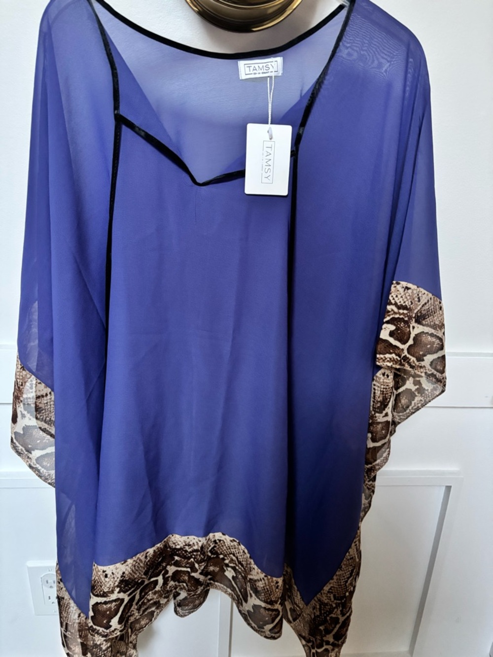 Tamsy Sheer Royal Blue Tunic with Snake Print Trim
